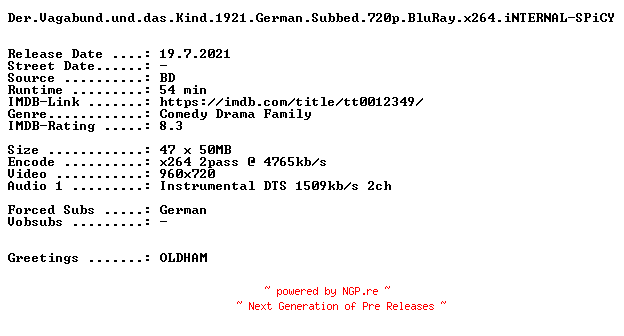 NFO for the release Der.Vagabund.und.das.Kind.1921.German.Subbed.720p.BluRay.x264.iNTERNAL-SPiCY by SPiCY
