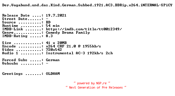 NFO for the release Der.Vagabund.und.das.Kind.German.Subbed.1921.AC3.BDRip.x264.iNTERNAL-SPiCY by SPiCY