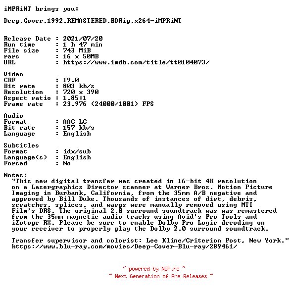 NFO for the release Deep.Cover.1992.REMASTERED.BDRip.x264-iMPRiNT by iMPRiNT