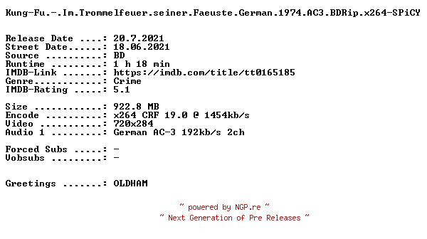 NFO for the release Kung-Fu.-.Im.Trommelfeuer.seiner.Faeuste.German.1974.AC3.BDRip.x264-SPiCY by SPiCY