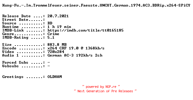 NFO for the release Kung-Fu.-.Im.Trommelfeuer.seiner.Faeuste.UNCUT.German.1974.AC3.BDRip.x264-SPiCY by SPiCY