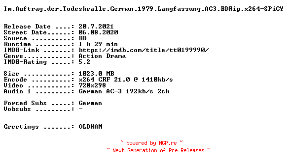 NFO for the release Im.Auftrag.der.Todeskralle.German.1979.Langfassung.AC3.BDRip.x264-SPiCY by SPiCY