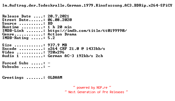 NFO for the release Im.Auftrag.der.Todeskralle.German.1979.Kinofassung.AC3.BDRip.x264-SPiCY by SPiCY