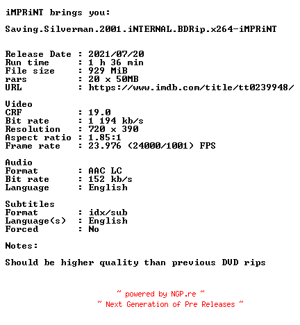 NFO for the release Saving.Silverman.2001.iNTERNAL.BDRip.x264-iMPRiNT by iMPRiNT