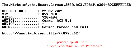 NFO for the release The.Night.of.the.Beast.German.2020.AC3.BDRiP.x264-ROCKEFELLER by ROCKEFELLER