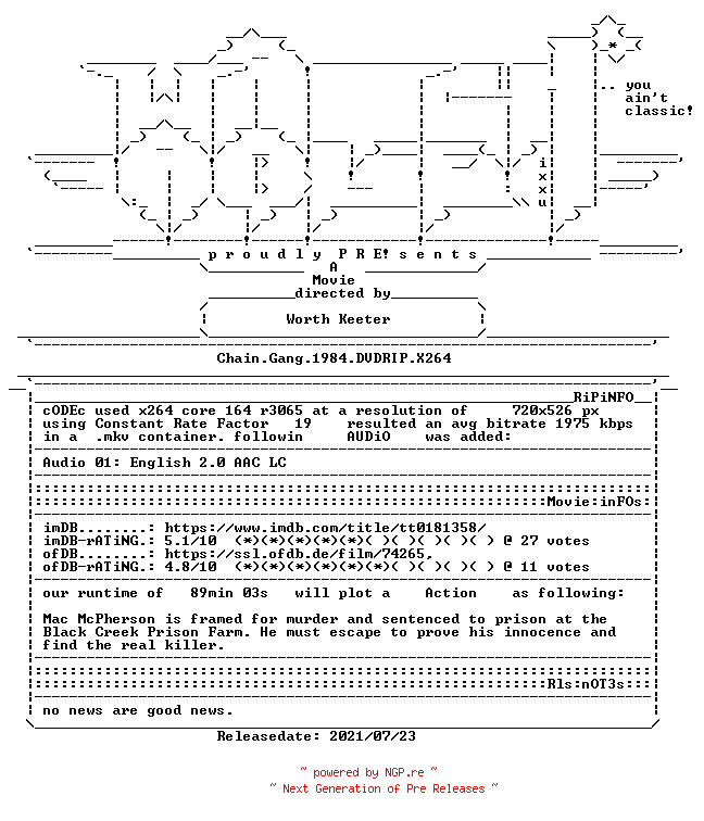 NFO for the release Chain.Gang.1984.DVDRIP.X264-WATCHABLE by WATCHABLE