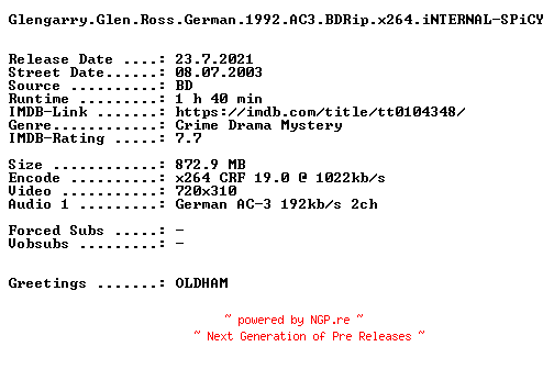 NFO for the release Glengarry.Glen.Ross.German.1992.AC3.BDRip.x264.iNTERNAL-SPiCY by SPiCY