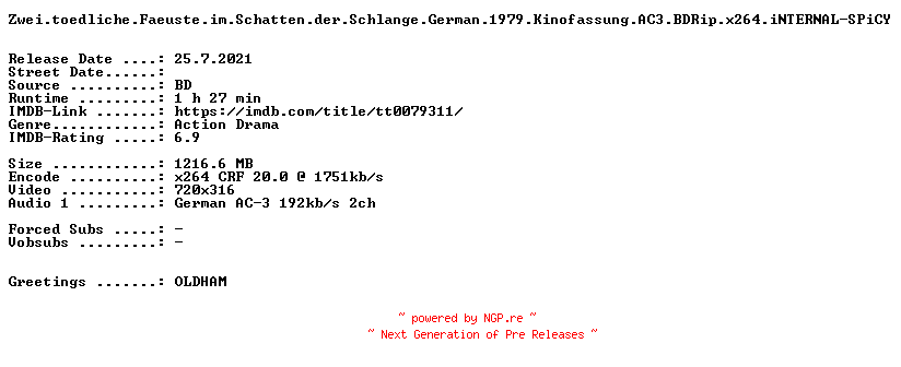 NFO for the release Zwei.toedliche.Faeuste.im.Schatten.der.Schlange.German.1979.Kinofassung.AC3.BDRip.x264.iNTERNAL-SPiCY by SPiCY