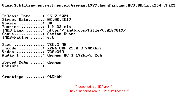 NFO for the release Vier.Schlitzaugen.rechnen.ab.German.1979.Langfassung.AC3.BDRip.x264-SPiCY by SPiCY