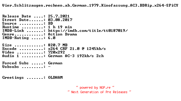 NFO for the release Vier.Schlitzaugen.rechnen.ab.German.1979.Kinofassung.AC3.BDRip.x264-SPiCY by SPiCY