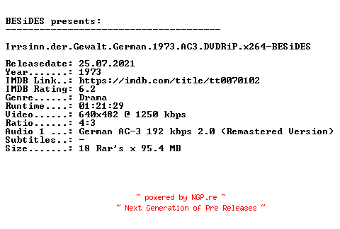 NFO for the release Irrsinn.der.Gewalt.German.1973.AC3.DVDRiP.x264-BESiDES by BESiDES