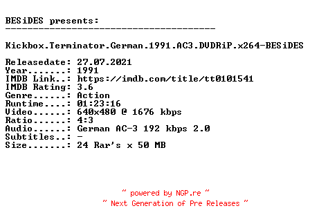 NFO for the release Kickbox.Terminator.German.1991.AC3.DVDRiP.x264-BESiDES by BESiDES