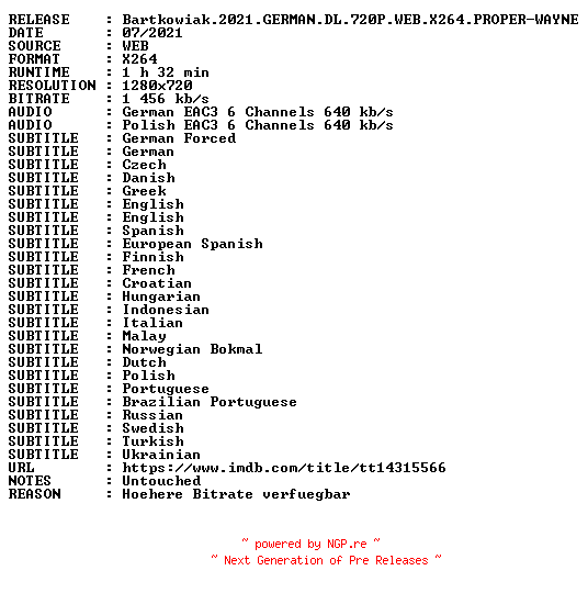 NFO for the release Bartkowiak.2021.GERMAN.DL.720P.WEB.X264.PROPER-WAYNE by WAYNE