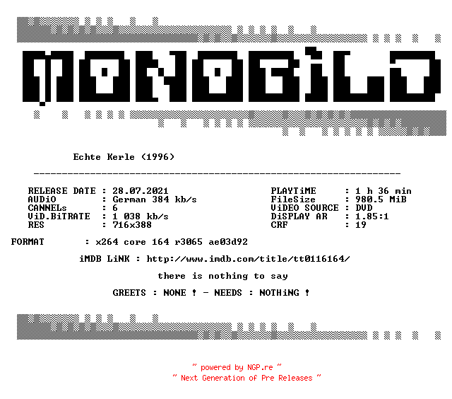 NFO for the release Echte.Kerle.German.1996.AC3.DVDRip.x264.iNTERNAL-MONOBiLD by MONOBiLD