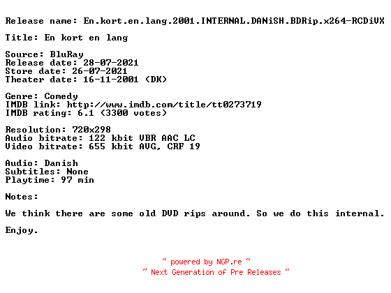 NFO for the release En.kort.en.lang.2001.INTERNAL.DANiSH.BDRip.x264-RCDiVX by RCDiVX