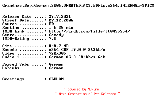 NFO for the release Grandmas.Boy.German.2006.UNRATED.AC3.BDRip.x264.iNTERNAL-SPiCY by SPiCY