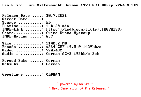 NFO for the release Ein.Alibi.fuer.Mitternacht.German.1973.AC3.BDRip.x264-SPiCY by SPiCY