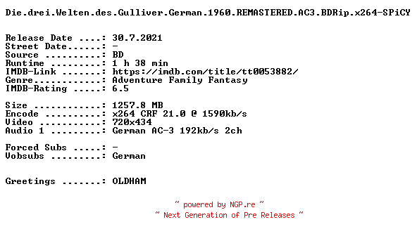 NFO for the release Die.drei.Welten.des.Gulliver.German.1960.REMASTERED.AC3.BDRip.x264-SPiCY by SPiCY