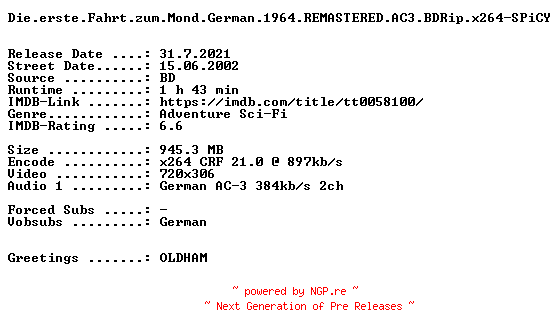 NFO for the release Die.erste.Fahrt.zum.Mond.German.1964.REMASTERED.AC3.BDRip.x264-SPiCY by SPiCY