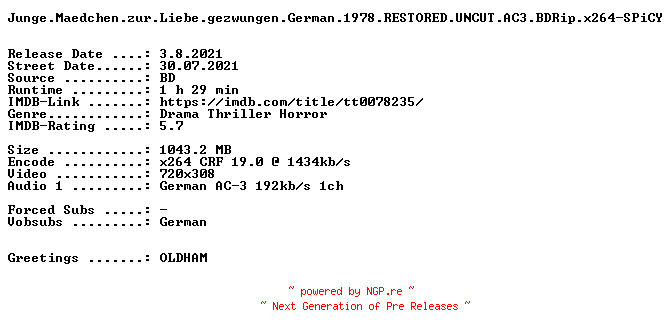 NFO for the release Junge.Maedchen.zur.Liebe.gezwungen.German.1978.RESTORED.UNCUT.AC3.BDRip.x264-SPiCY by SPiCY