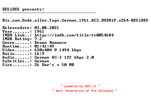 NFO for the release Bis.zum.Ende.aller.Tage.German.1961.AC3.DVDRiP.x264-BESiDES by BESiDES
