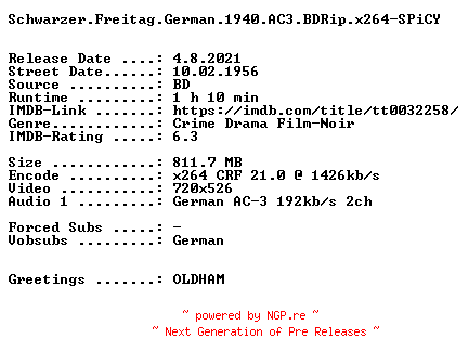 NFO for the release Schwarzer.Freitag.German.1940.AC3.BDRip.x264-SPiCY by SPiCY