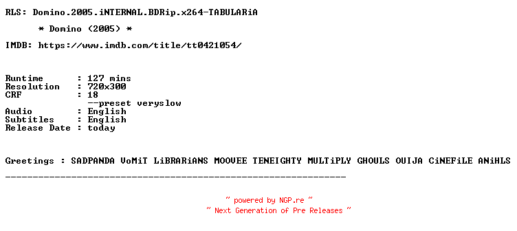 NFO for the release Domino.2005.iNTERNAL.BDRip.x264-TABULARiA by TABULARiA