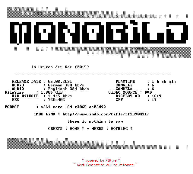 NFO for the release Im.Herzen.der.See.German.2015.DL.AC3.DVDRip.x264.iNTERNAL-MONOBiLD by MONOBiLD