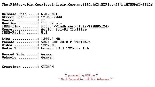 NFO for the release The.Riffs.-.Die.Gewalt.sind.wir.German.1982.AC3.BDRip.x264.iNTERNAL-SPiCY by SPiCY