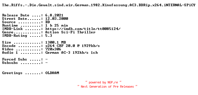 NFO for the release The.Riffs.-.Die.Gewalt.sind.wir.German.1982.Kinofassung.AC3.BDRip.x264.iNTERNAL-SPiCY by SPiCY