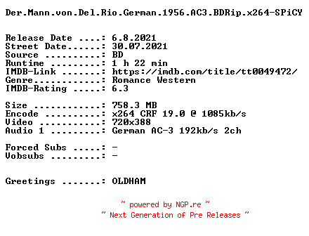NFO for the release Der.Mann.von.Del.Rio.German.1956.AC3.BDRip.x264-SPiCY by SPiCY
