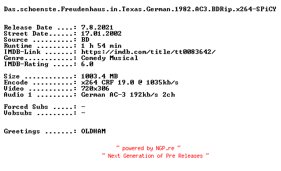 NFO for the release Das.schoenste.Freudenhaus.in.Texas.German.1982.AC3.BDRip.x264-SPiCY by SPiCY