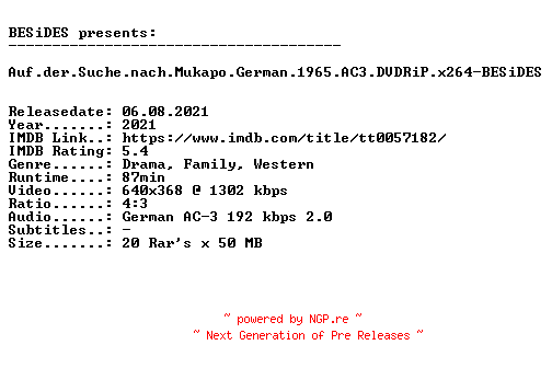 NFO for the release Auf.der.Suche.nach.Mukapo.German.1965.AC3.DVDRiP.x264-BESiDES by BESiDES