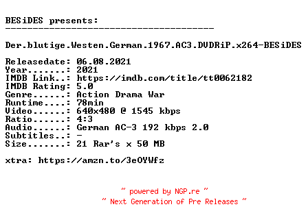 NFO for the release Der.blutige.Westen.German.1967.AC3.DVDRiP.x264-BESiDES by BESiDES