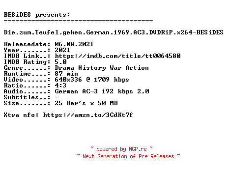 NFO for the release Die.zum.Teufel.gehen.German.1969.AC3.DVDRiP.x264-BESiDES by BESiDES