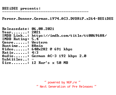 NFO for the release Ferner.Donner.German.1974.AC3.DVDRiP.x264-BESiDES by BESiDES