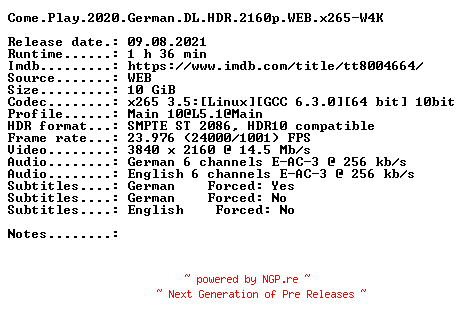 NFO for the release Come.Play.2020.German.DL.HDR.2160p.WEB.x265-W4K by W4K
