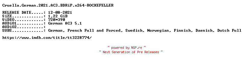 NFO for the release Cruella.German.2021.AC3.BDRiP.x264-ROCKEFELLER by ROCKEFELLER