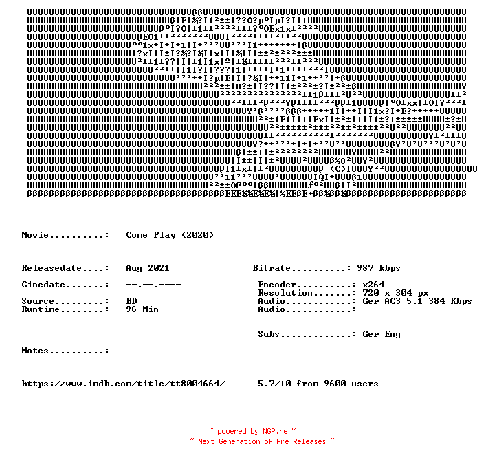 NFO for the release Come.Play.2020.German.BDRip.x264-LizardSquad by LizardSquad