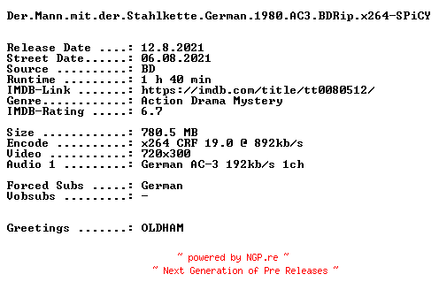 NFO for the release Der.Mann.mit.der.Stahlkette.German.1980.AC3.BDRip.x264-SPiCY by SPiCY