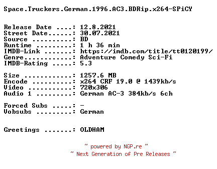 NFO for the release Space.Truckers.German.1996.AC3.BDRip.x264-SPiCY by SPiCY