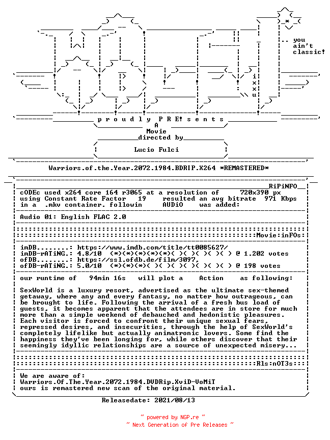 NFO for the release Warriors.of.the.Year.2072.1984.REMASTERED.BDRIP.X264-WATCHABLE by WATCHABLE