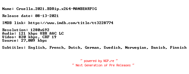 NFO for the release Cruella.2021.BDRip.x264-MANBEARPIG by MANBEARPIG