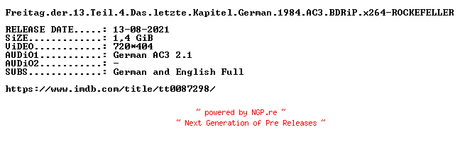 NFO for the release Freitag.der.13.Teil.4.Das.letzte.Kapitel.German.1984.AC3.REMASTERED.BDRiP.x264-ROCKEFELLER by ROCKEFELLER