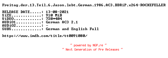 NFO for the release Freitag.der.13.Teil.6.Jason.lebt.German.1986.AC3.REMASTERED.BDRiP.x264-ROCKEFELLER by ROCKEFELLER