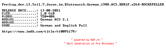 NFO for the release Freitag.der.13.Teil.7.Jason.im.Blutrausch.German.1988.AC3.REMASTERED.BDRiP.x264-ROCKEFELLER by ROCKEFELLER