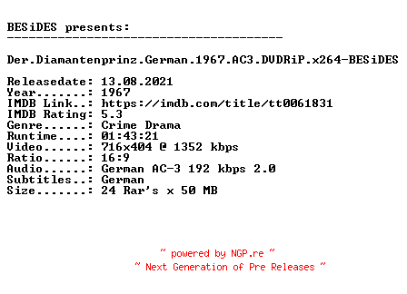 NFO for the release Der.Diamantenprinz.German.1967.AC3.DVDRiP.x264-BESiDES by BESiDES