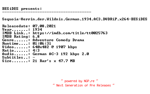 NFO for the release Sequoia-Herrin.der.Wildnis.German.1934.AC3.DVDRiP.x264-BESiDES by BESiDES