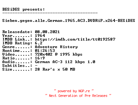 NFO for the release Sieben.gegen.alle.German.1965.AC3.DVDRiP.x264-BESiDES by BESiDES