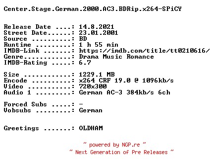 NFO for the release Center.Stage.German.2000.AC3.BDRip.x264-SPiCY by SPiCY